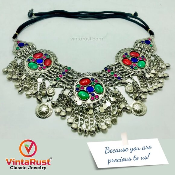 Afghan Three Rings Necklace With Red and Green Glass Stones, Kuchi Tribal Bib - Picture 4 of 9